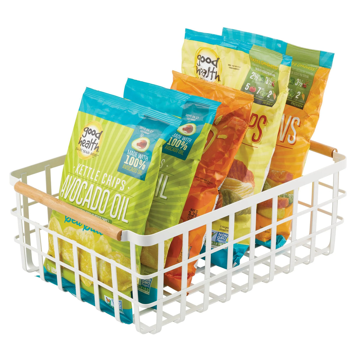 Matte White/Natural Metal Wire Organizer Basket with Bamboo Handles, 2 Pack G732