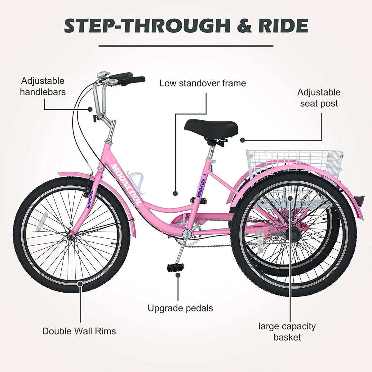 Adult Tricycle 24 inch 7 Speed 3 Wheel Bike with Large Size Basket Q772332
