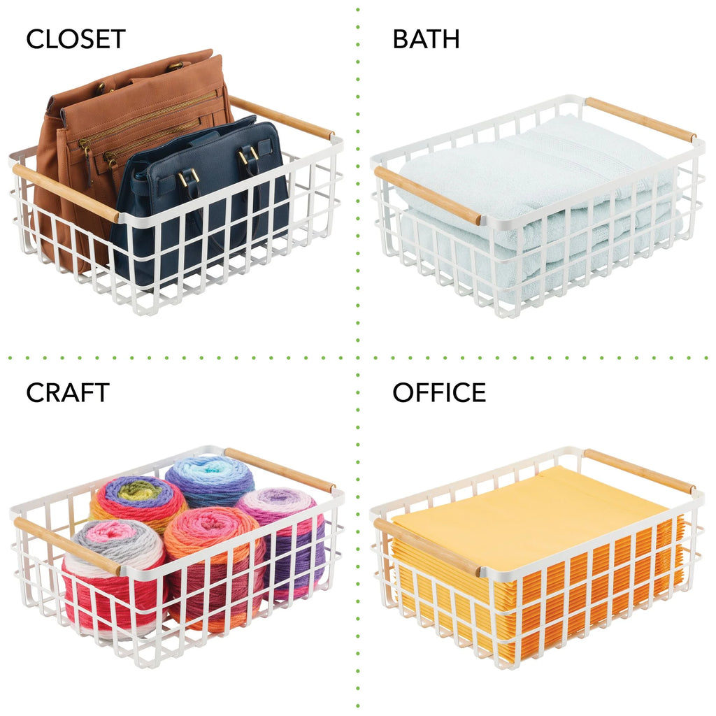Matte White/Natural Metal Wire Organizer Basket with Bamboo Handles, 2 Pack G732