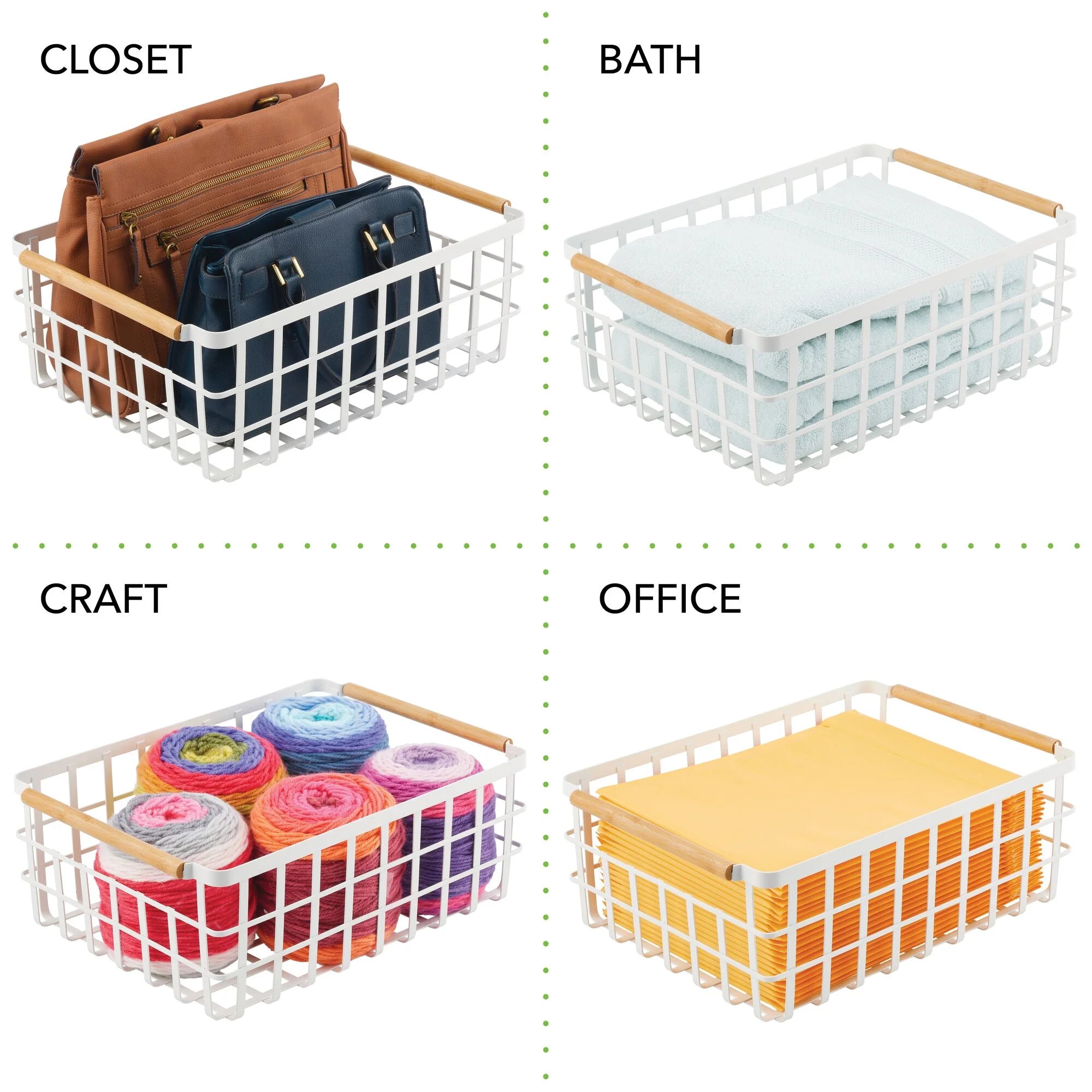 Matte White/Natural Metal Wire Organizer Basket with Bamboo Handles, 2 Pack G732