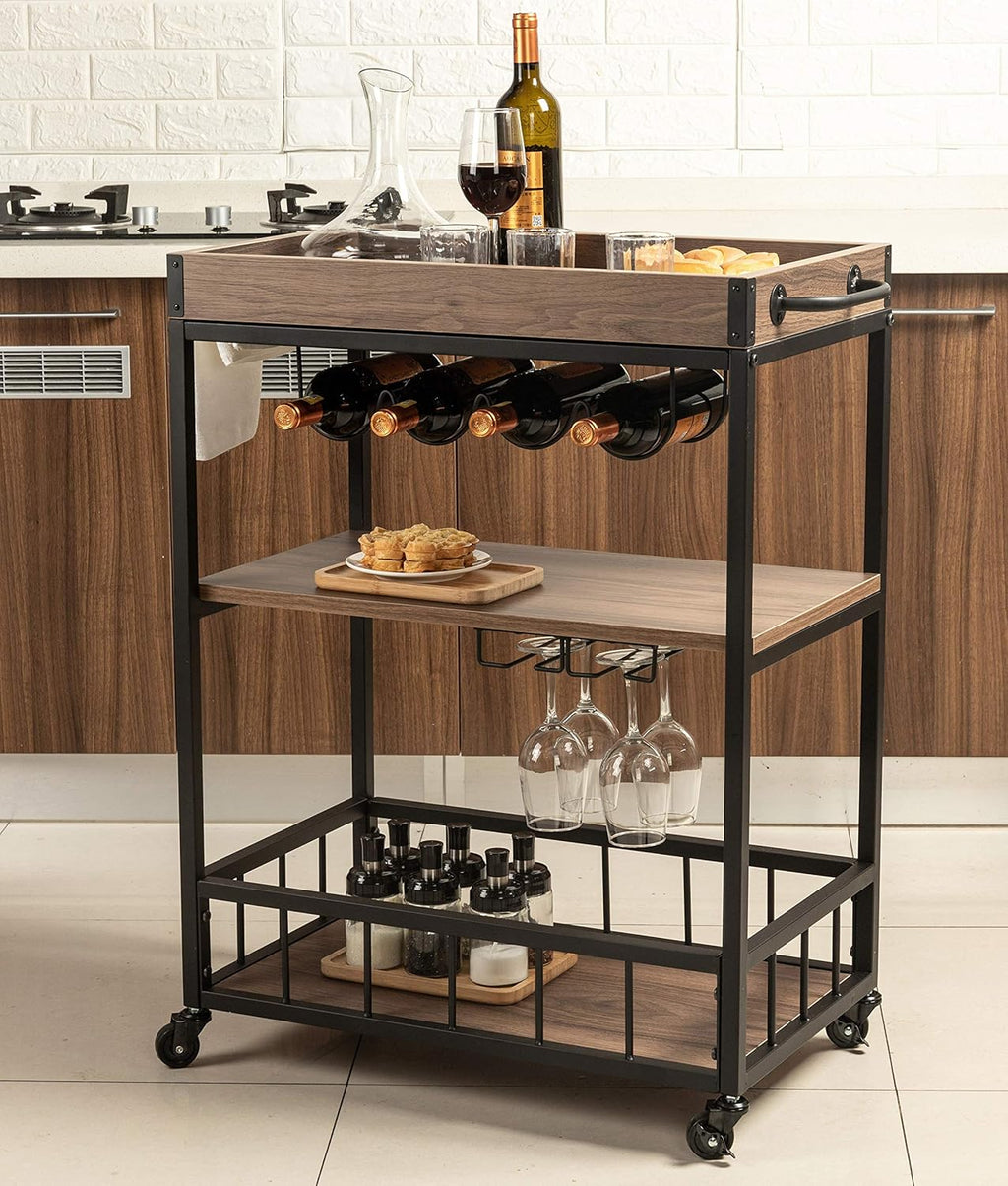 Walnut Wood Metal Bar Serving Cart E20394