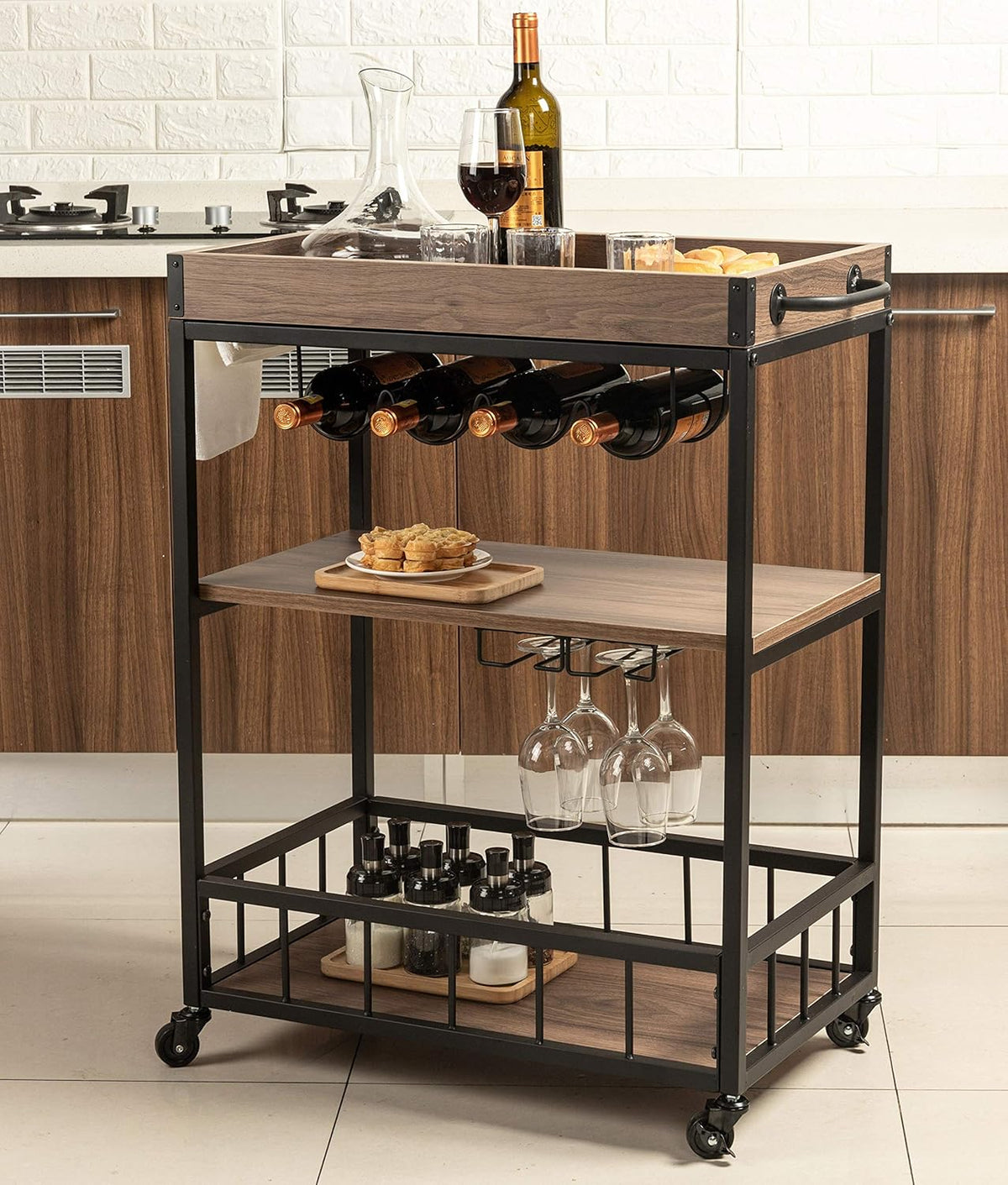 Walnut Wood Metal Bar Serving Cart E20394