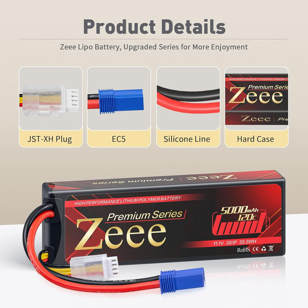 3S Lipo Battery 5000mAh 11.1V LCG Hard Case Height 25mm 120C EC5 Connector 2 Pack M75890