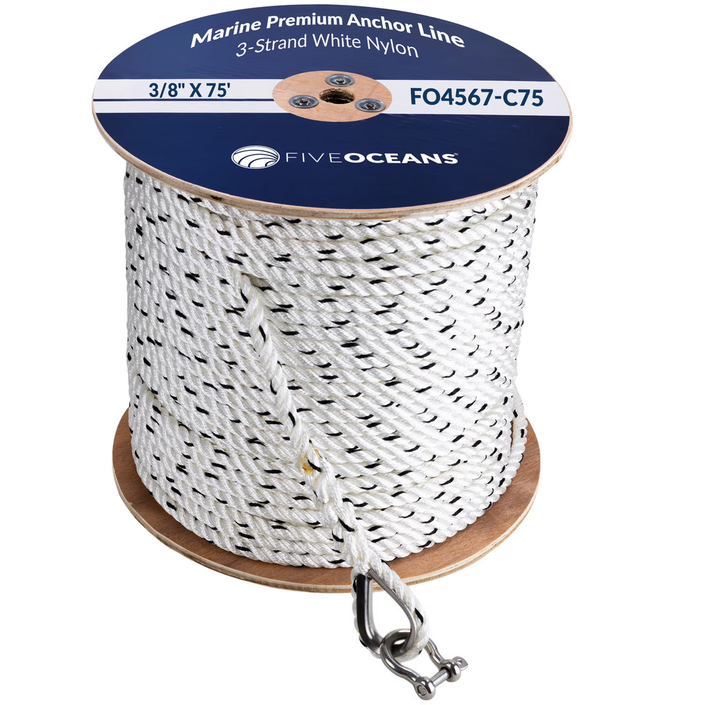 3/8 inch x 75 ft 3-Strand White Nylon Anchor Rope with Stainless Steel Thimble and Schakle C611468