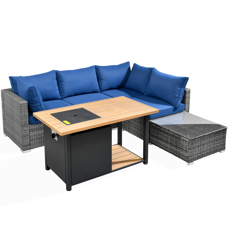 Navy Blue 6 Piece Outdoor Patio Sectional Sofa with Fire Pit Table and Coffee Table B717