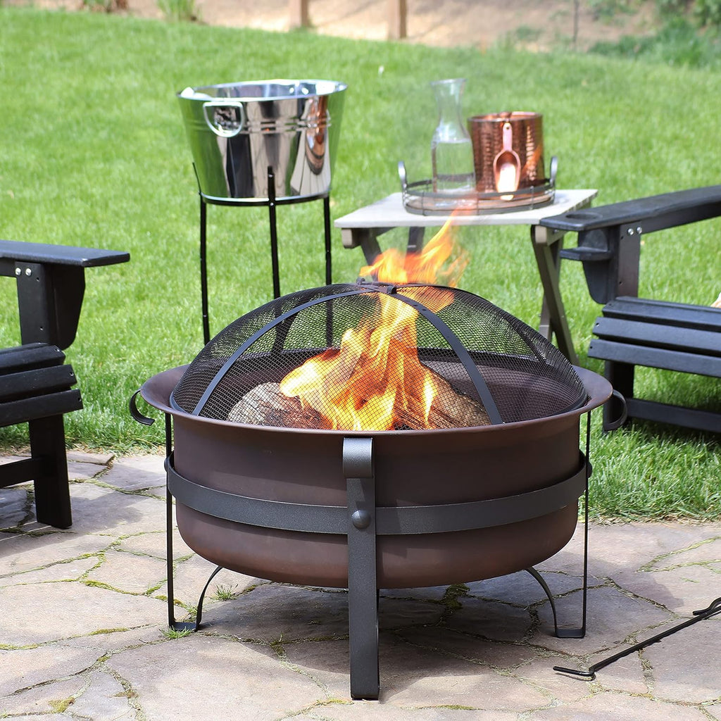 Bronze Cauldron Outdoor Fire Pit Bowl with Poker and Spark Screen - 29 Inch L86007