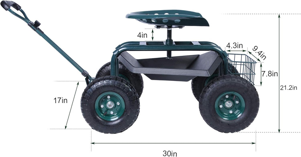 Green Steerable Garden Stool Cart with Tool Tray and Storage Basket on Wheels Y2011