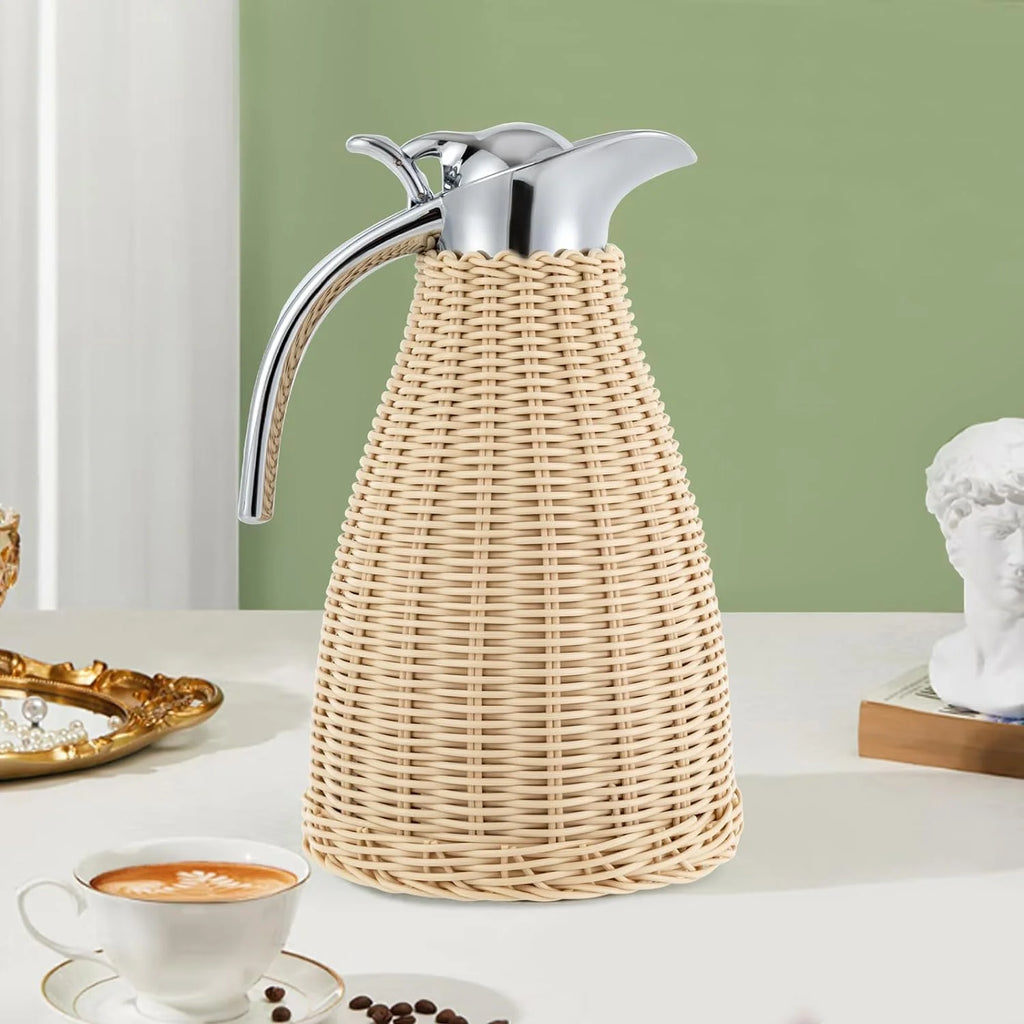 Beige Rattan Double Walled Vacuum Insulated Coffee Jug D492