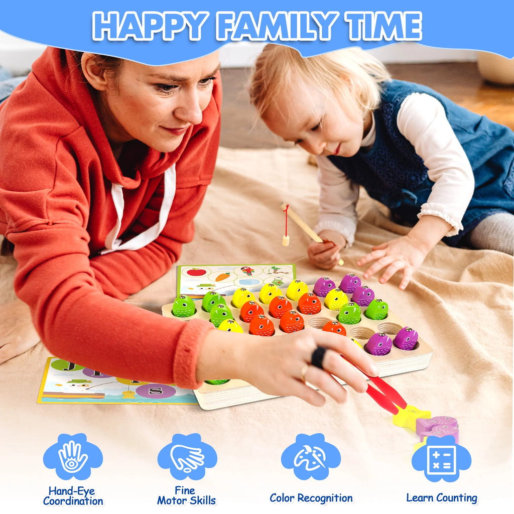 48 Pcs Wooden Magnetic Fishing Toy with 2 Rods 1 Tweezer 8 Activity Cards E8034