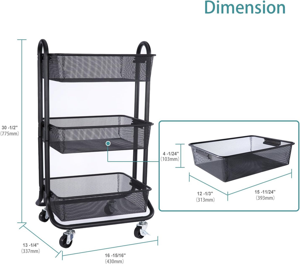 Black 3-Tier Rolling Utility Cart with Metal Mesh Baskets Z592