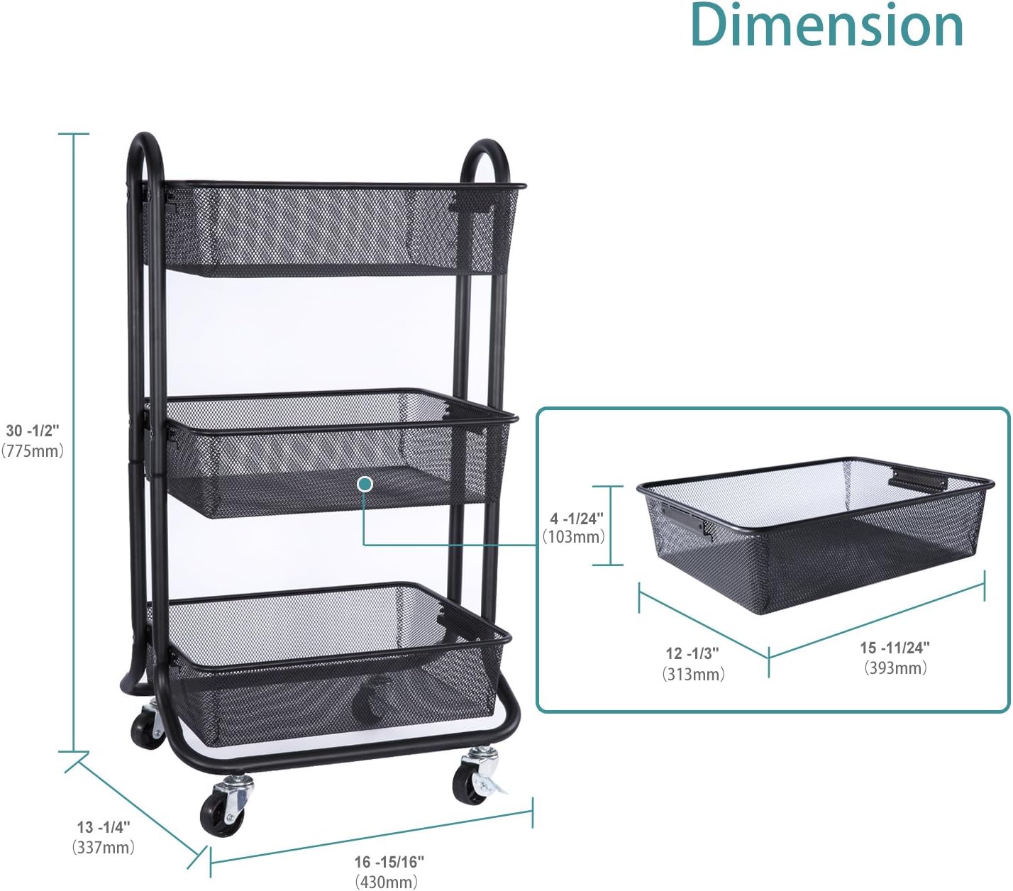 Black 3-Tier Rolling Utility Cart with Metal Mesh Baskets Z592