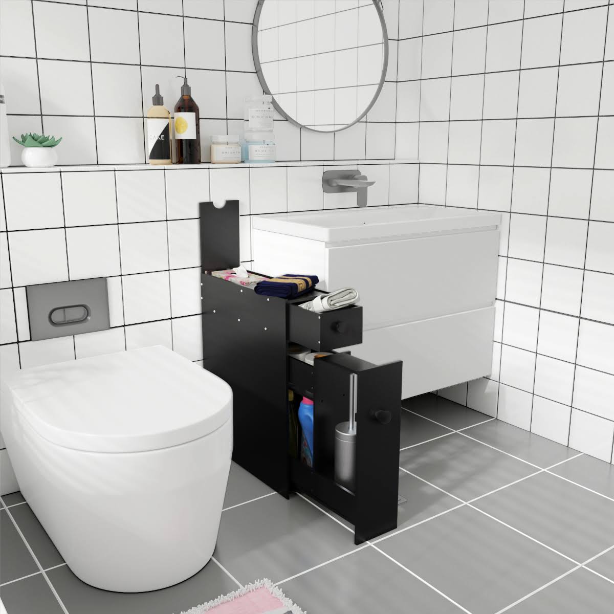 Black MDF Floor Cabinet with Drawers J51108