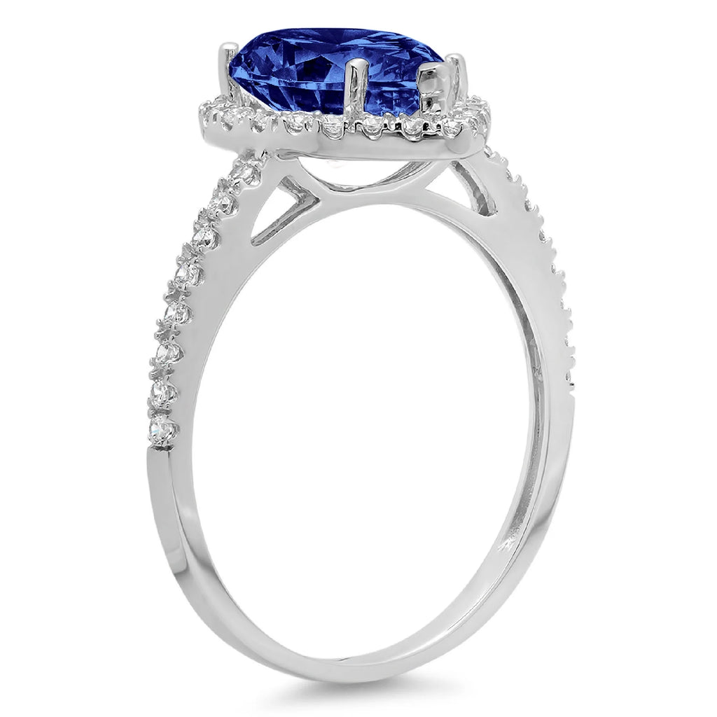 Pear Cut Blue Simulated Tanzanite 18k White Gold Halo Ring R3136