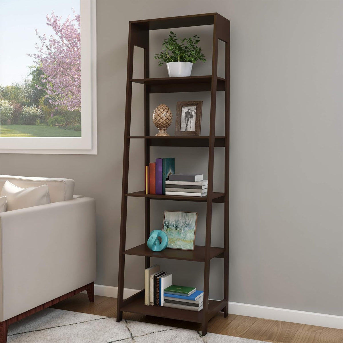 Gray 5-Tier Wooden Ladder Bookshelf H373