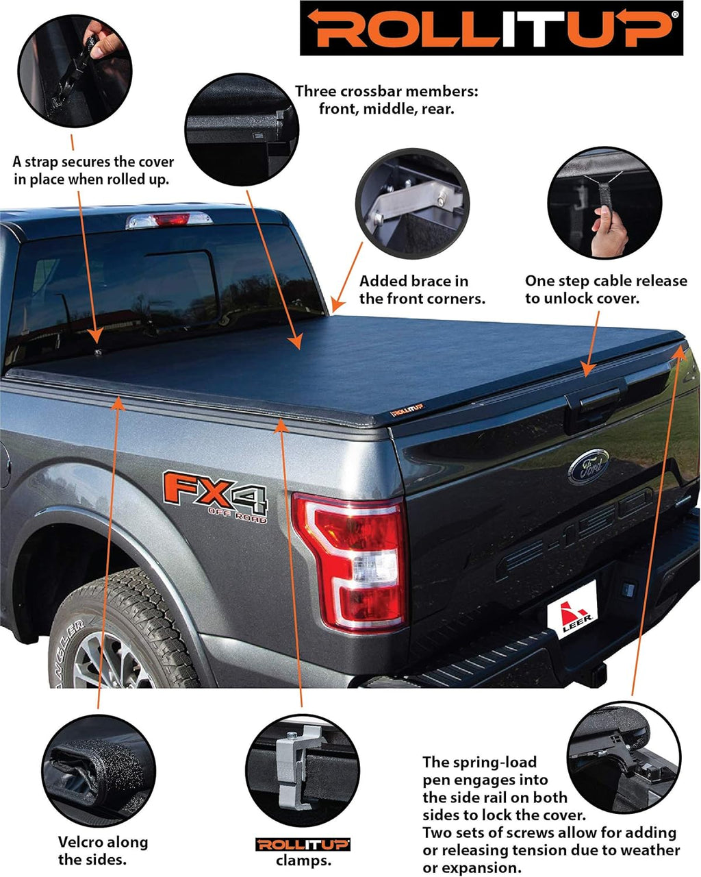 Soft Roll Up Truck Bed Tonneau Cover for 2015 - 2022 Ford F150 6.6’ Bed (Black) U47258