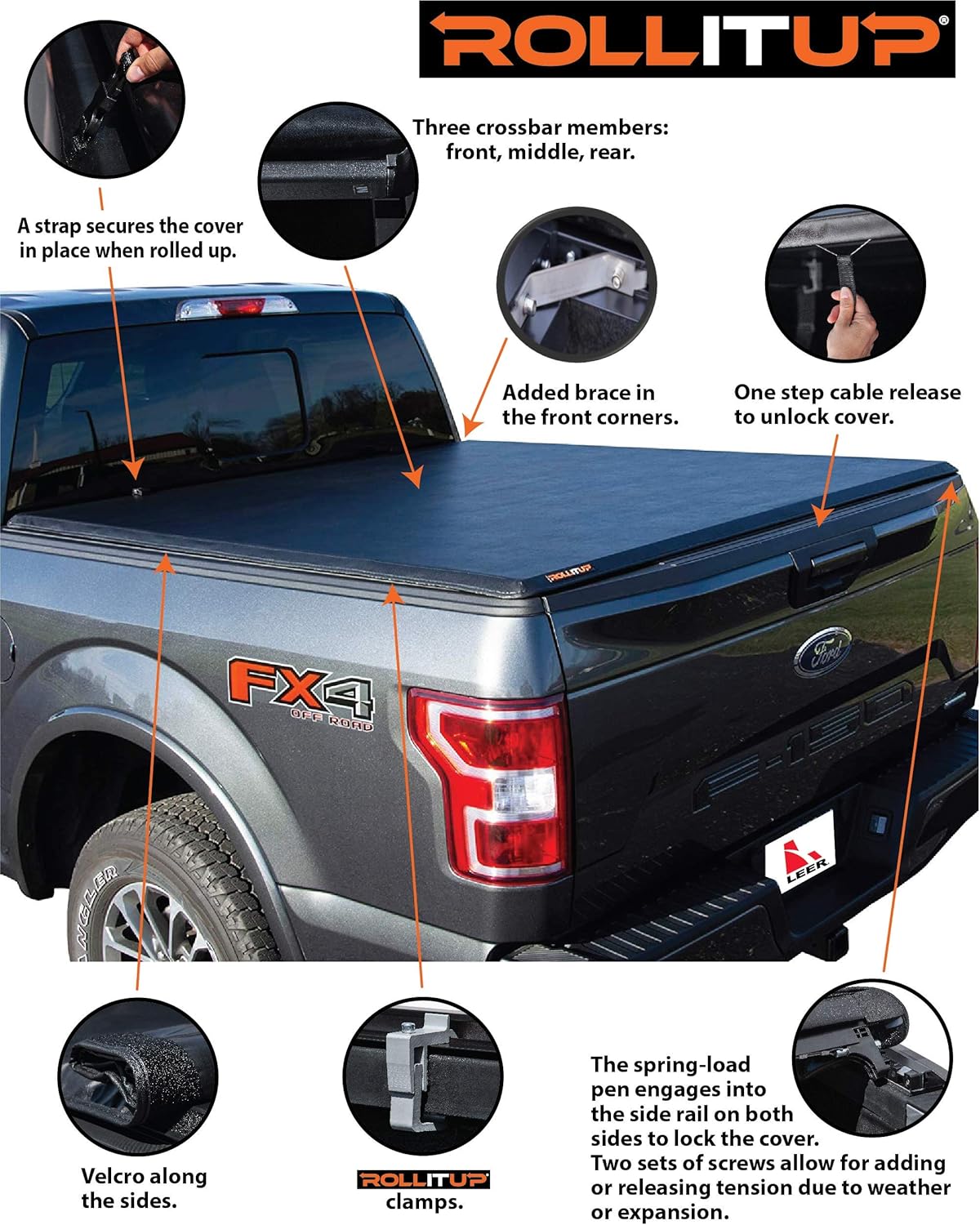 Soft Roll Up Truck Bed Tonneau Cover for 2015 - 2022 Ford F150 6.6’ Bed (Black) U47258