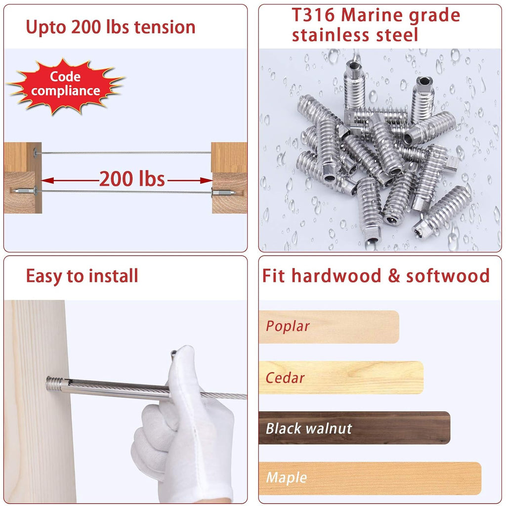 20Pack 3/16 Invisible Cable Railing Kit Swage Lag Screw Tensioner T316 Stainless Steel 10 Cable Line C1640