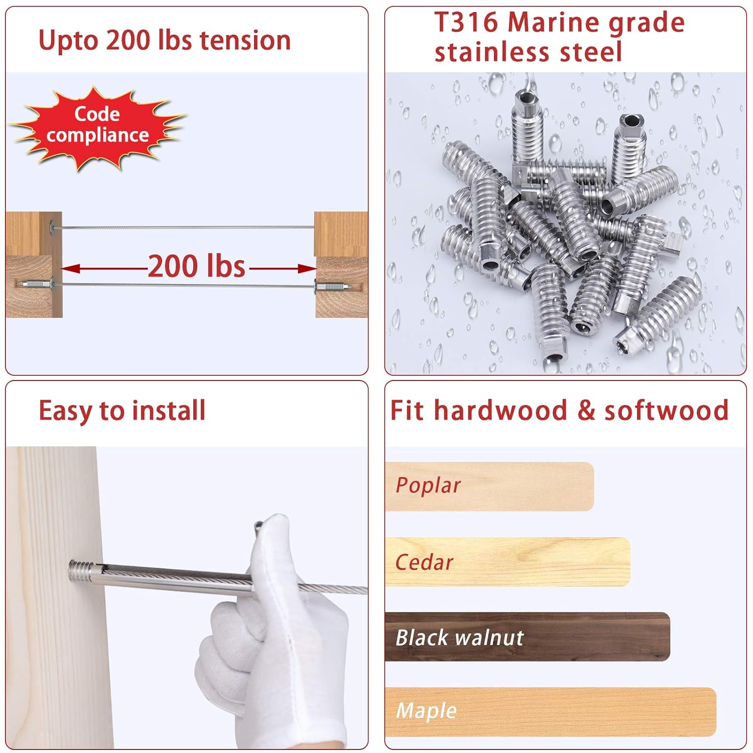 20Pack 3/16 Invisible Cable Railing Kit Swage Lag Screw Tensioner T316 Stainless Steel 10 Cable Line C1640