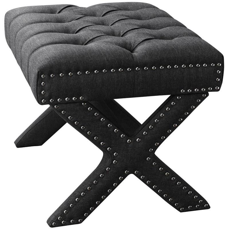 Dark Grey Linen Tufted Ottoman with Silver Nailhead Trim C23163