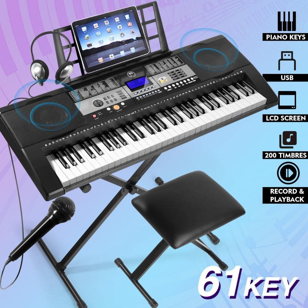 61 Key Portable Electric Keyboard Piano with Stand, Stool, Headphones, Microphone, LCD Screen B4254