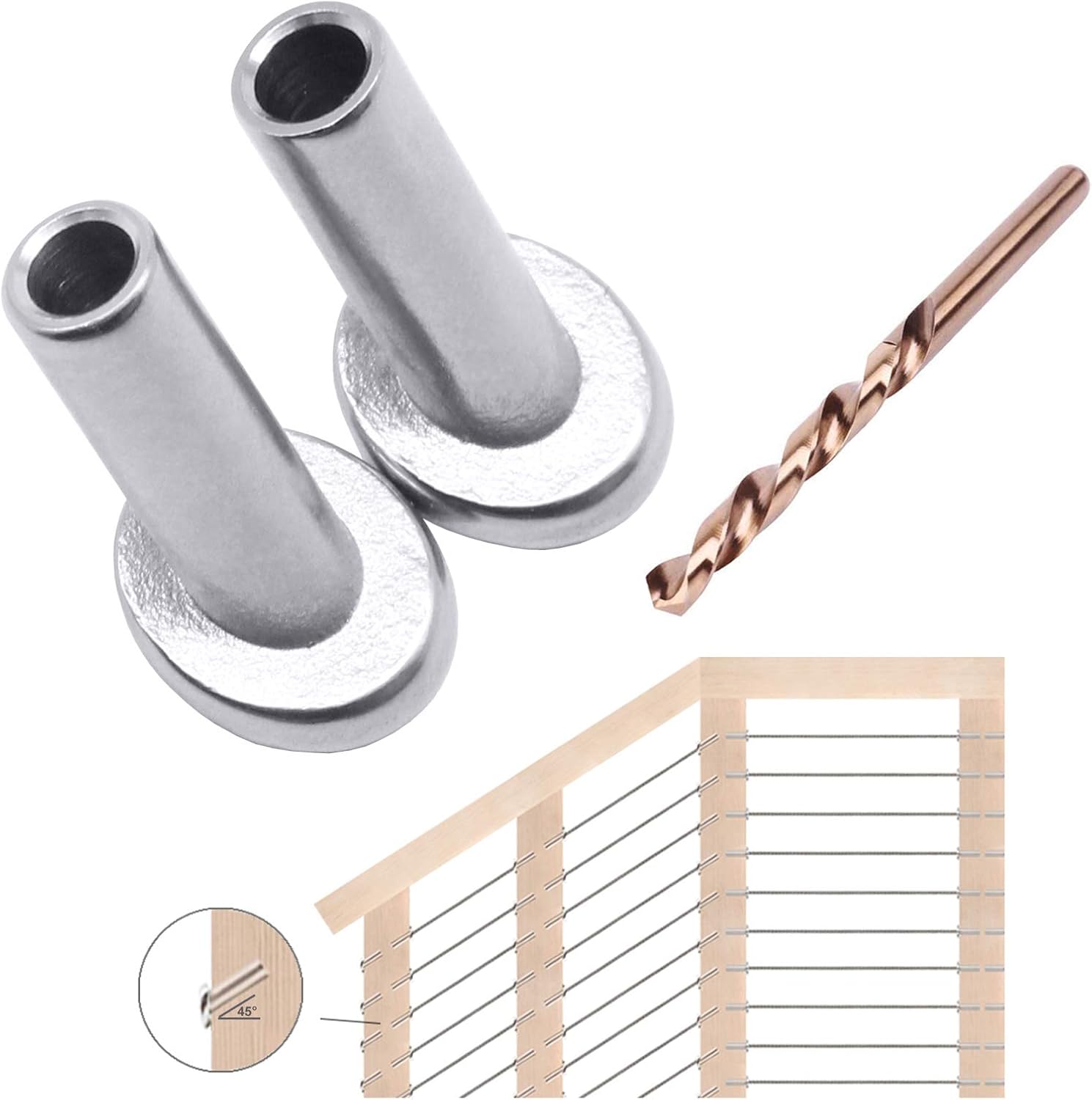 40 Pack 45 Degree T316 Marine Grade Stainless Steel Angle Beveled Protector Sleeves Wood Post Protector for 1/8", 5/32", 3/16" Wire Rope Cable Railing B44457