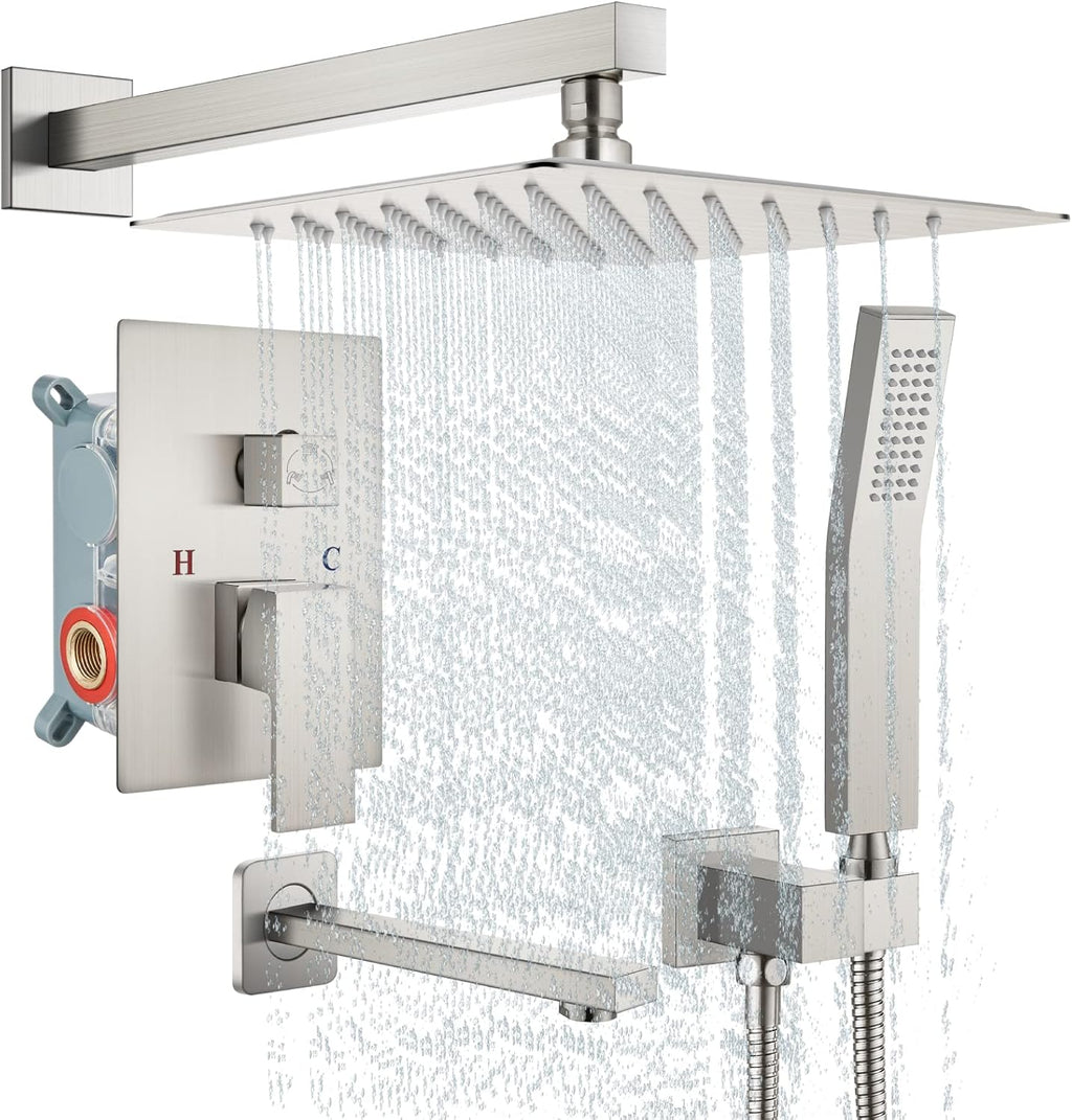 Brushed Nickel 10 Inch Wall Mounted Rainfall Shower Head with Handheld Shower Tub Spout U75125