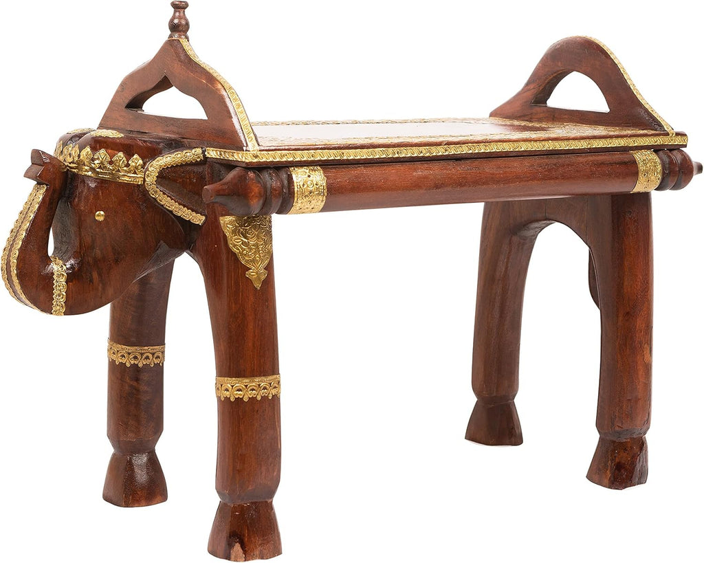 Hand Carved Wooden Elephant Side Table with Brass Accents H3906