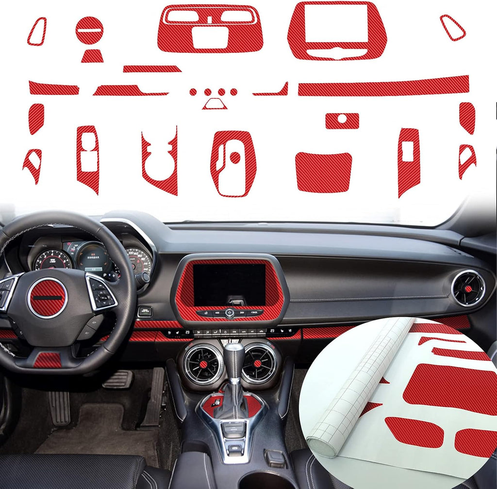 Red 28PCS Carbon Fiber Texture Vinyl Wrap Center Console Dashboard Cover Sticker H4555