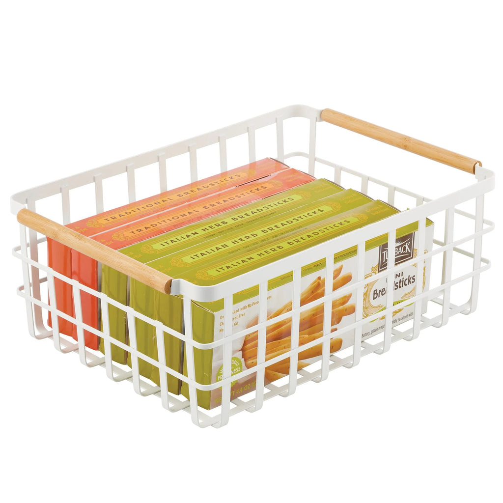 Matte White/Natural Metal Wire Organizer Basket with Bamboo Handles, 2 Pack G732
