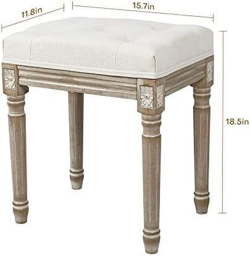 Vintage Upholstered Tufted Ottoman Stool with Linen Padding and Solid Wood Leg L8658
