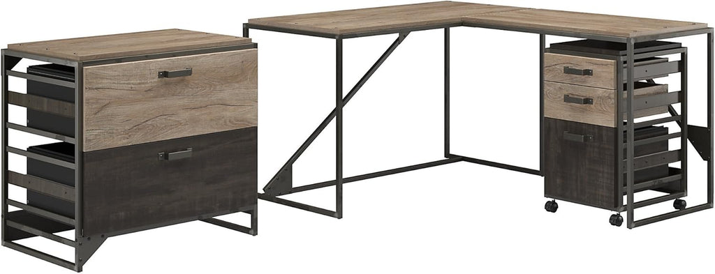 Rustic Gray L Shaped Industrial Desk with File Cabinets P16344