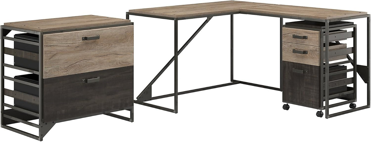 Rustic Gray L Shaped Industrial Desk with File Cabinets P16344