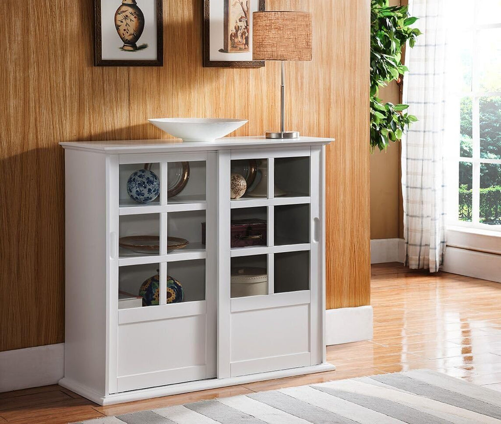 White Wood Curio Cabinet with Glass Sliding Doors D217