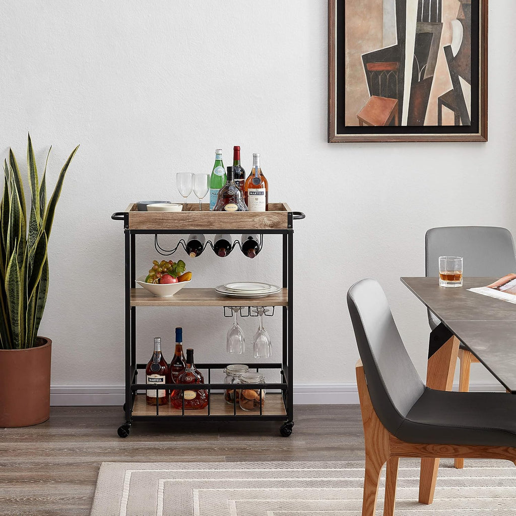 Walnut Wood Metal Bar Serving Cart E20394