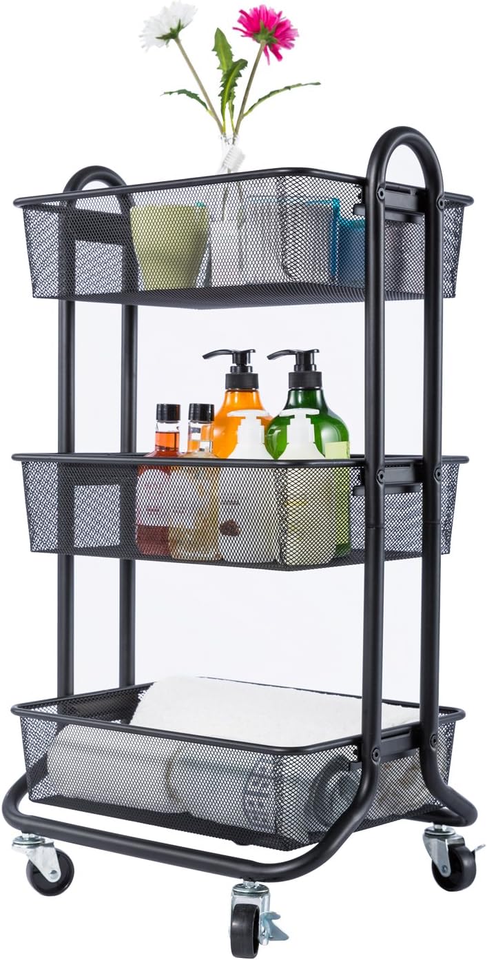 Black 3-Tier Rolling Utility Cart with Metal Mesh Baskets Z592