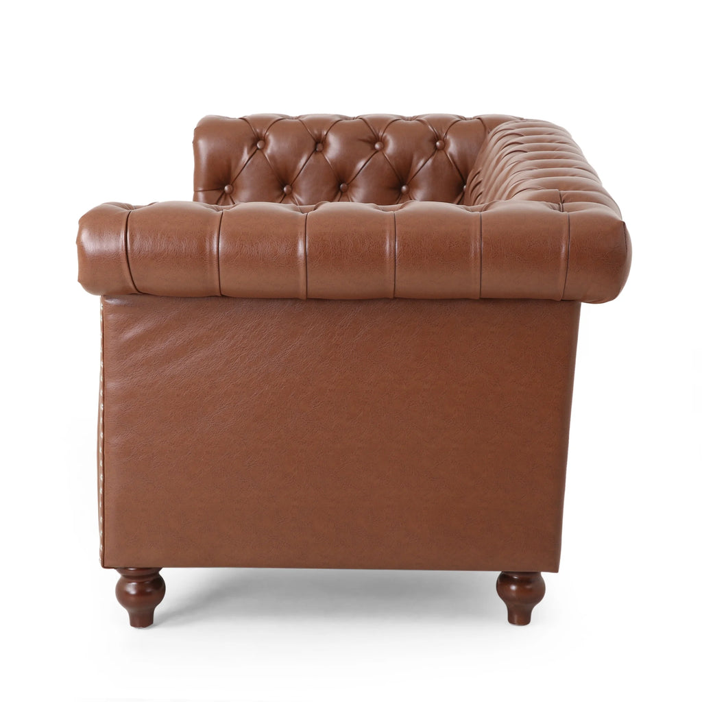 Cognac Brown Upholstered Button Tufted Loveseat with Nailhead Trim S8986
