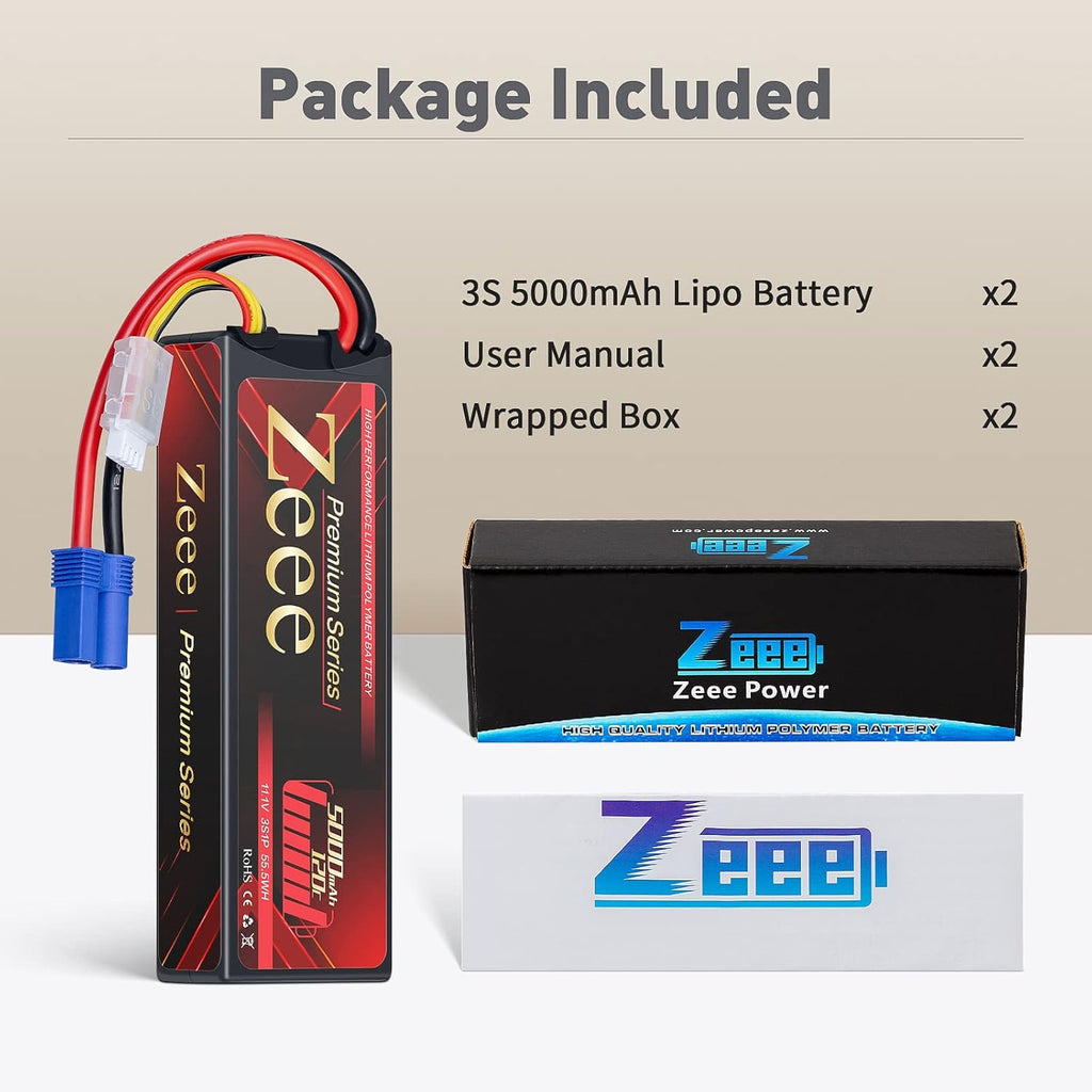 3S Lipo Battery 5000mAh 11.1V LCG Hard Case Height 25mm 120C EC5 Connector 2 Pack M75890