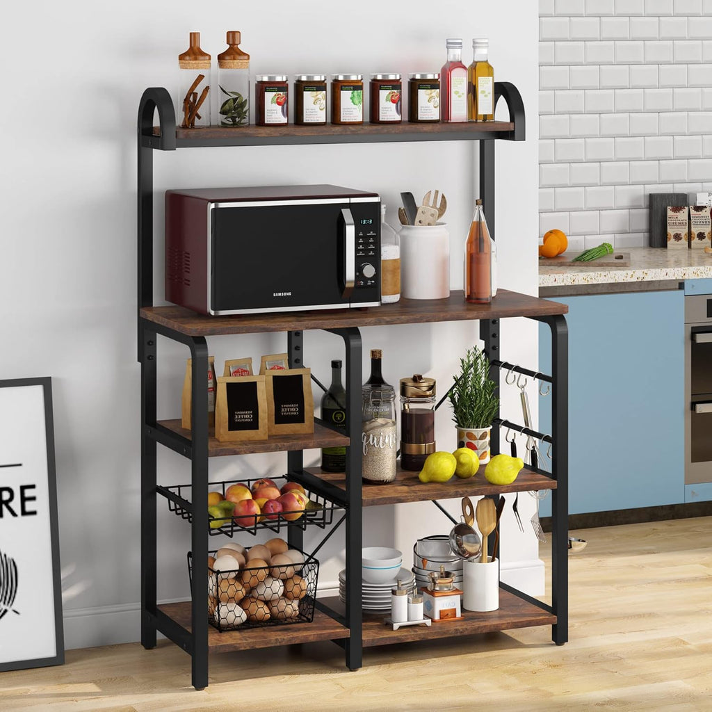 White Industrial Kitchen Cart with Wire Basket and 6 Hooks K694