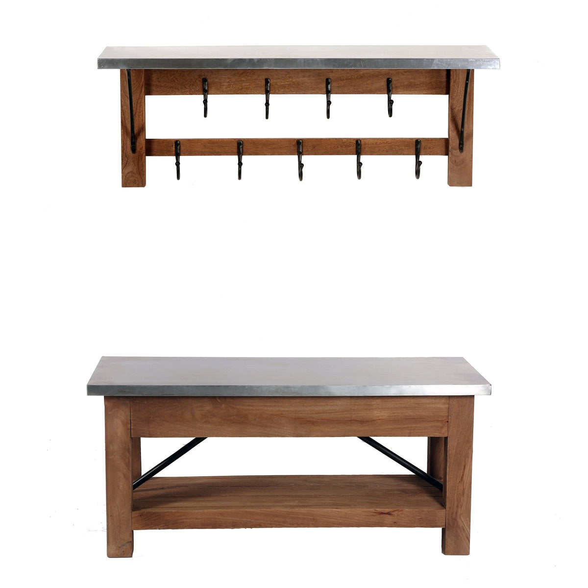 Steel Wood Bench and Coat Hook Set D33346