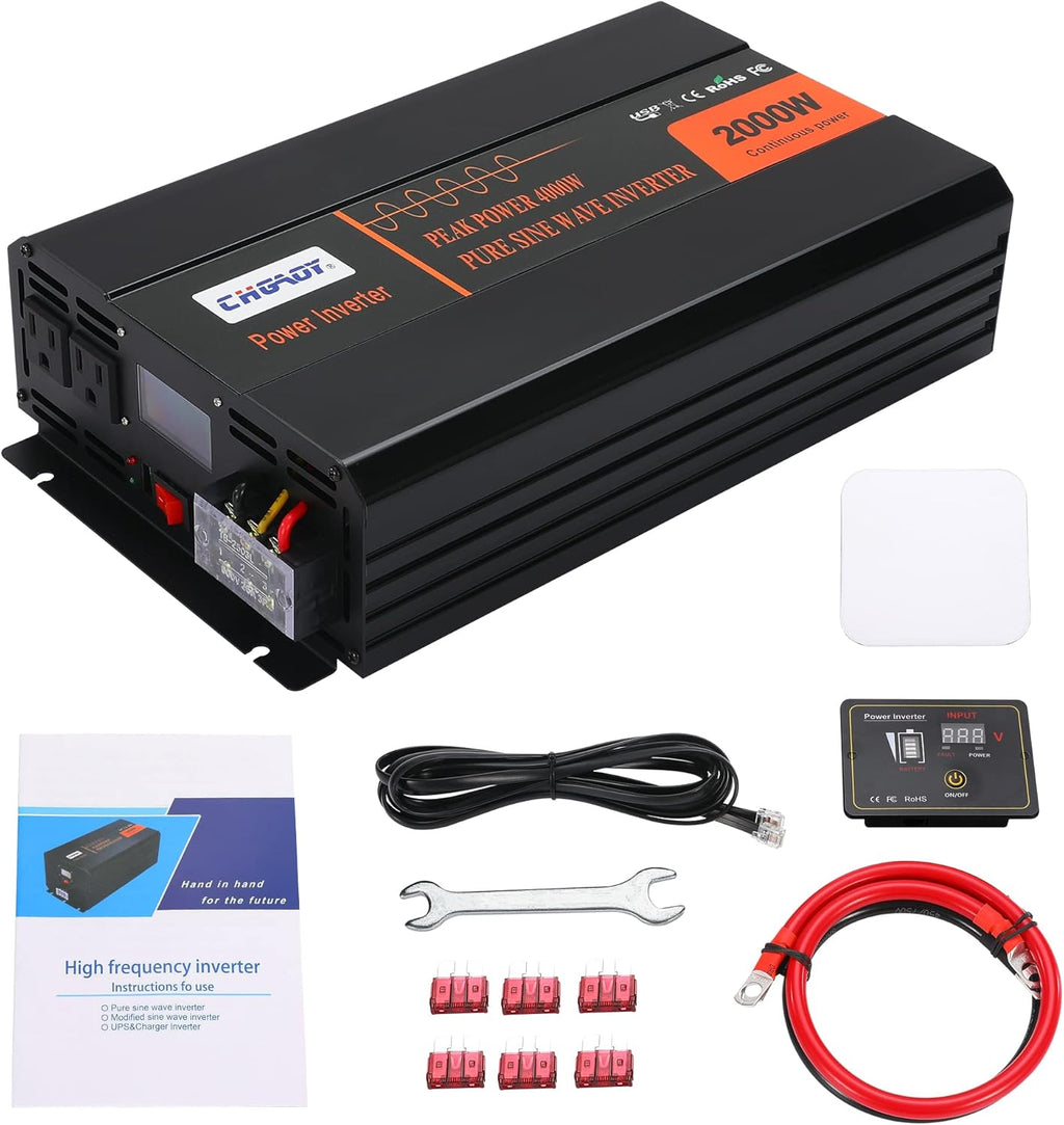 2000W Pure Sine Wave Power Inverter DC 12V to AC 120V with LCD Display Remote Control USB Port R3370
