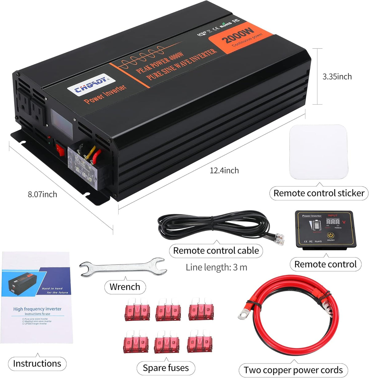 2000W Pure Sine Wave Power Inverter DC 12V to AC 120V with LCD Display Remote Control USB Port R3370