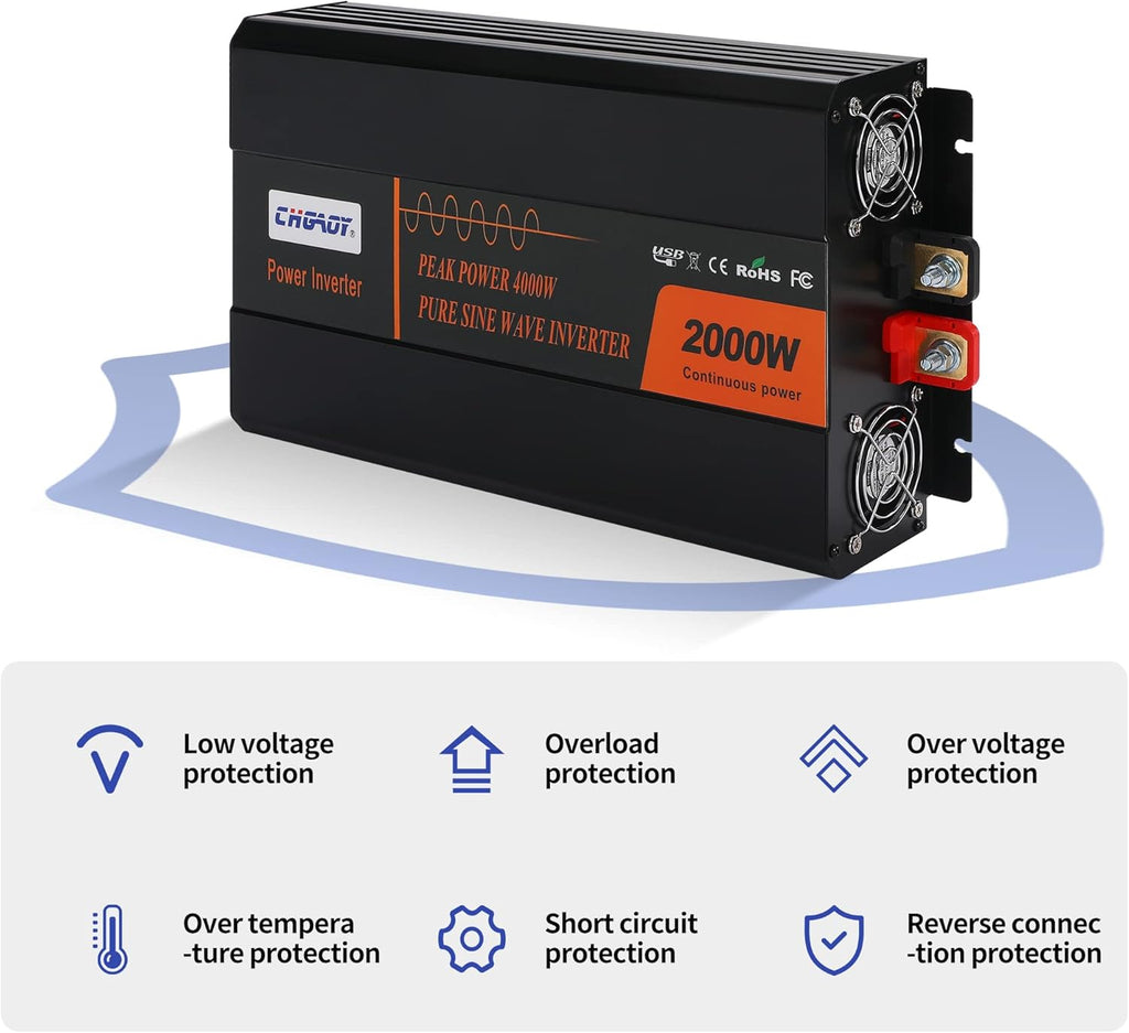 2000W Pure Sine Wave Power Inverter DC 12V to AC 120V with LCD Display Remote Control USB Port R3370