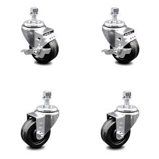 3 inch Phenolic Wheel Swivel Threaded Stem Caster Set 2 Brakes T7963