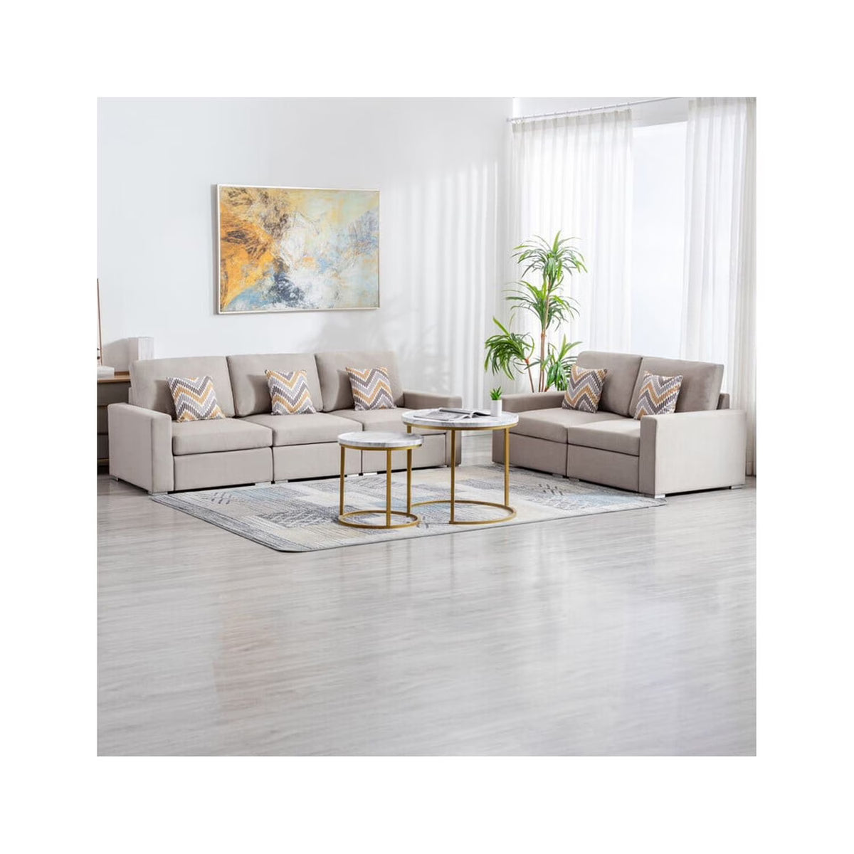 Beige Linen Fabric Sofa and Loveseat Set with Pillows G7267