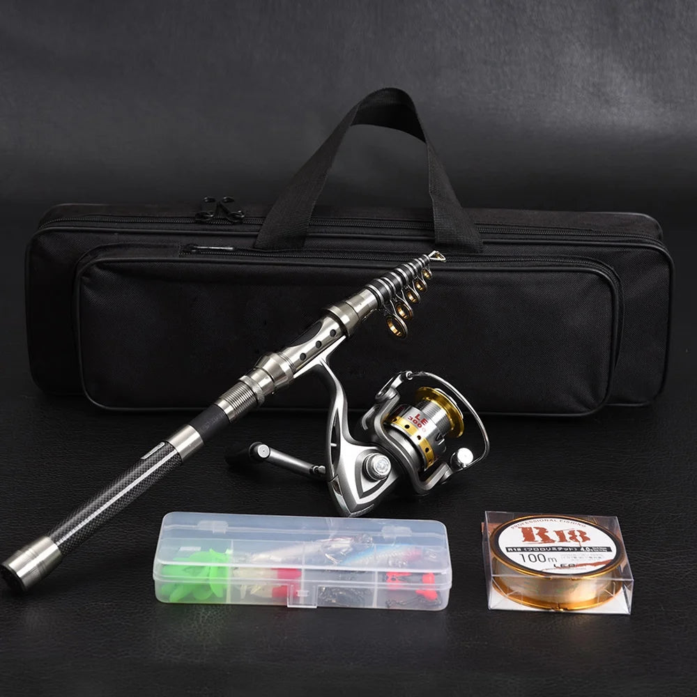 Telescopic Fishing Rod and Reel Combo Full Kit with 100M Fishing Line Lures Hooks Jig Head and Carrier Bag Case C452