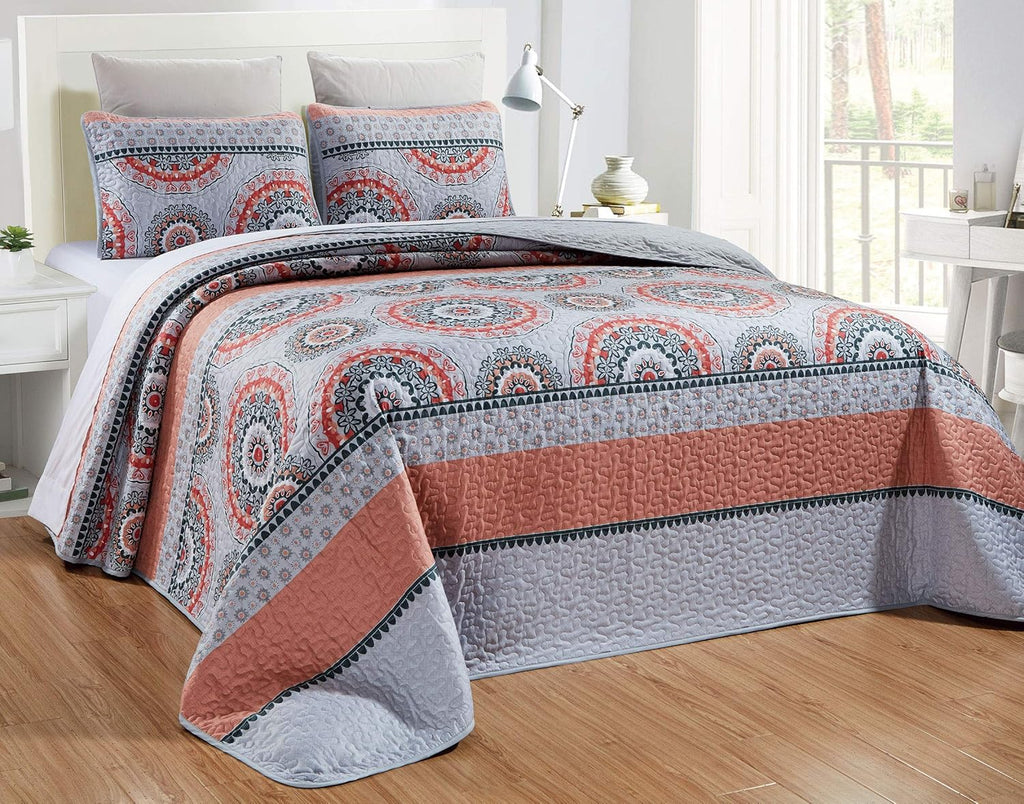 Terracotta Red Grey Black Medallion Oversize Cal King Size Quilt Set I445029