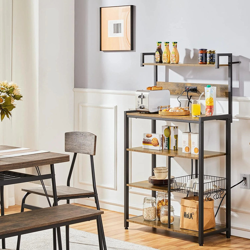 Rustic Brown 5-Tier Bakers Rack with Power Outlet O74112