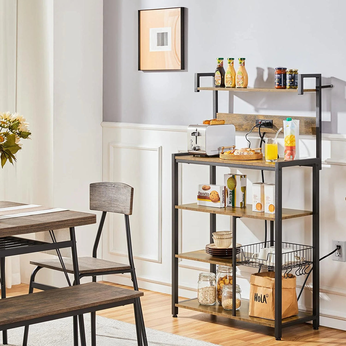 Rustic Brown 5-Tier Bakers Rack with Power Outlet O74112