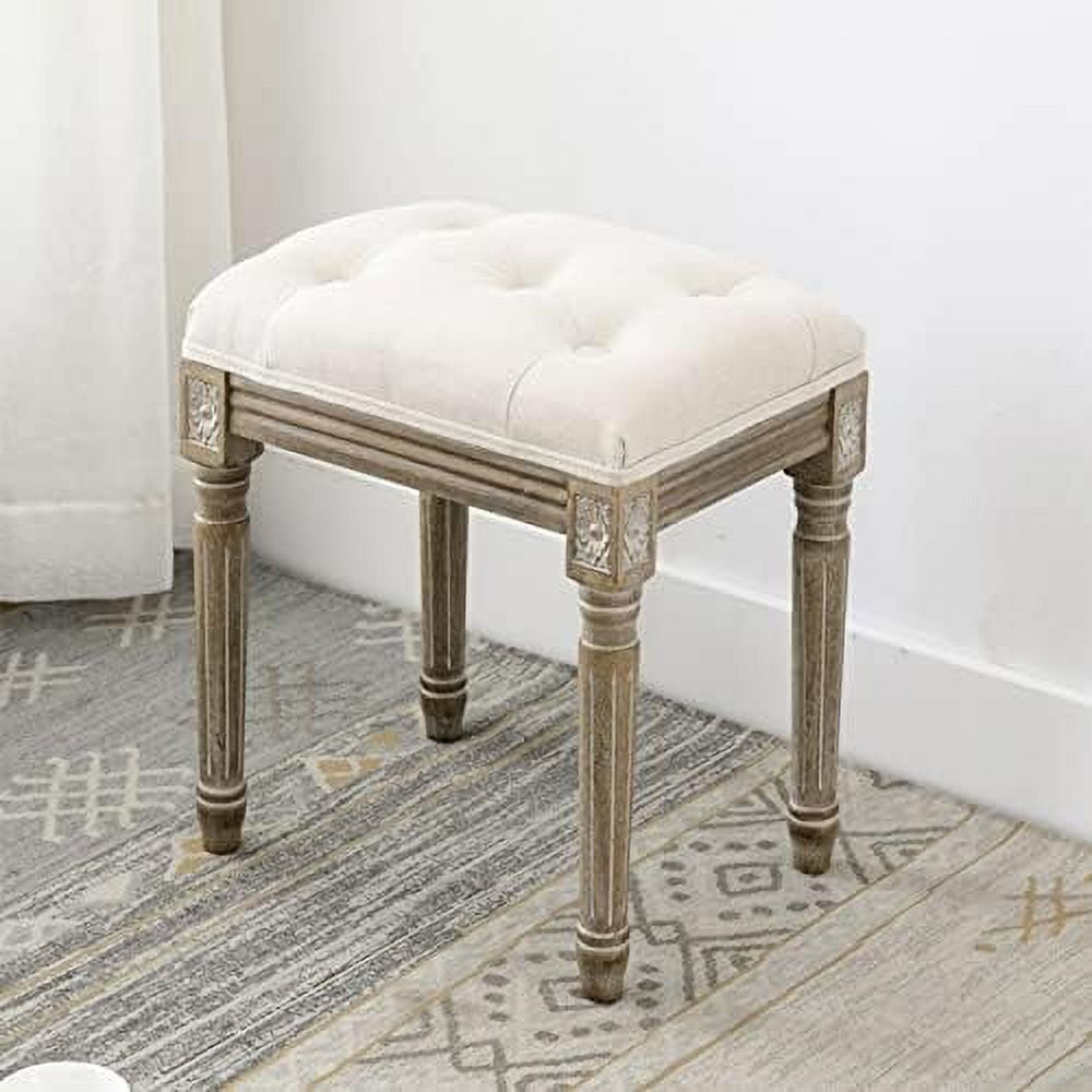 Vintage Upholstered Tufted Ottoman Stool with Linen Padding and Solid Wood Leg L8658