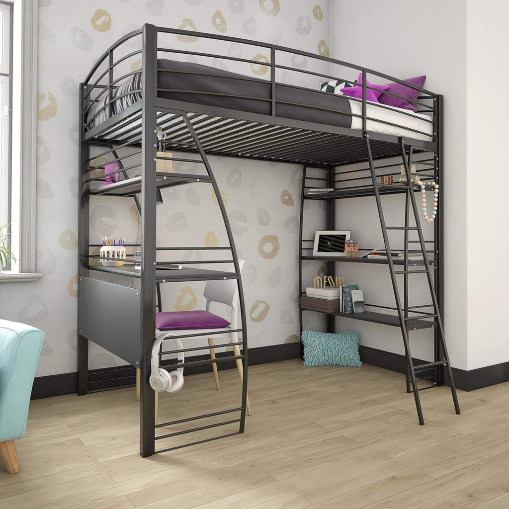 Twin Pack of 2 Metal Frame Bunk Bed Over Desk and Bookcase U832834